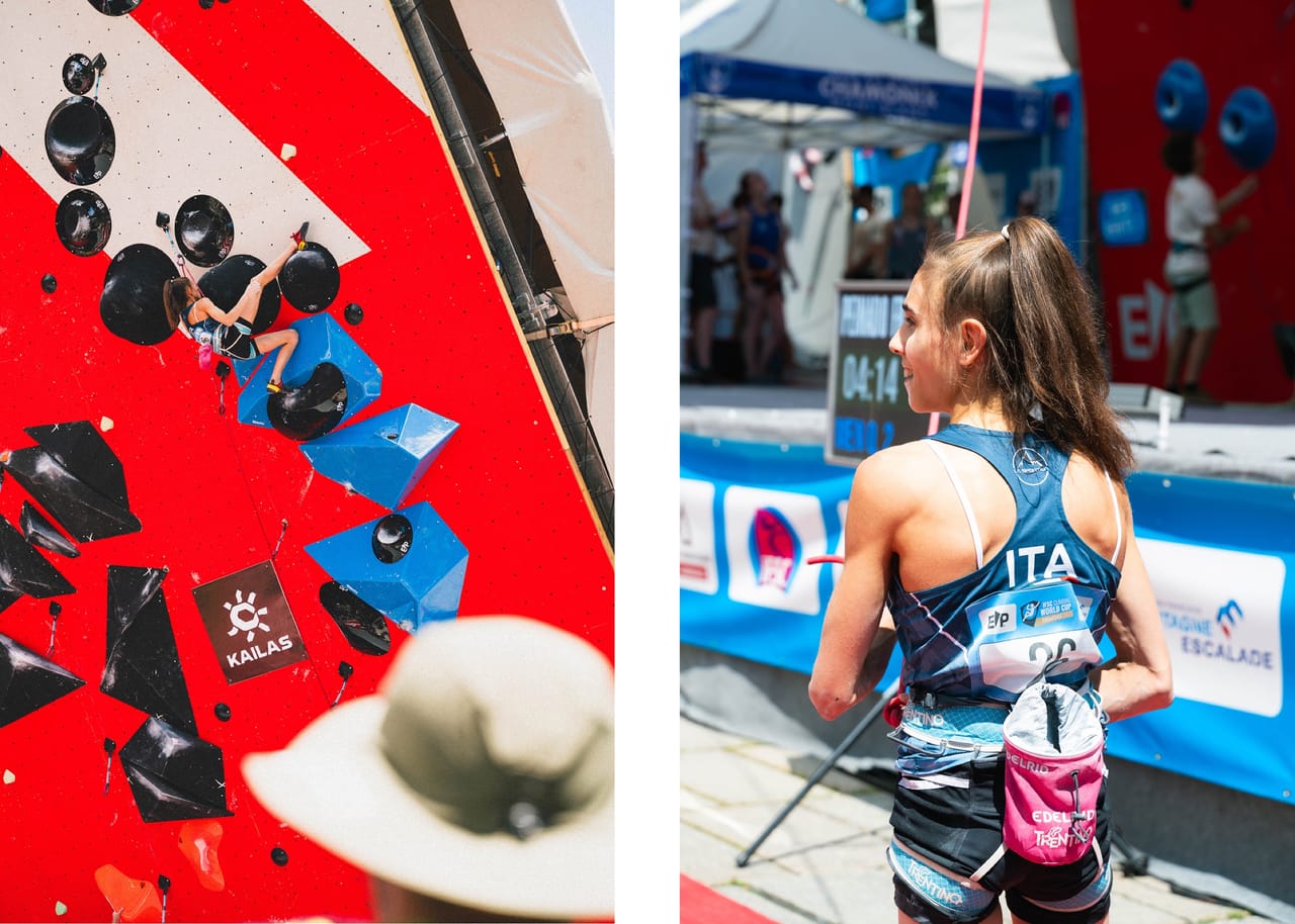 Laura Rogora on the lead wall and at the start zone — diptych