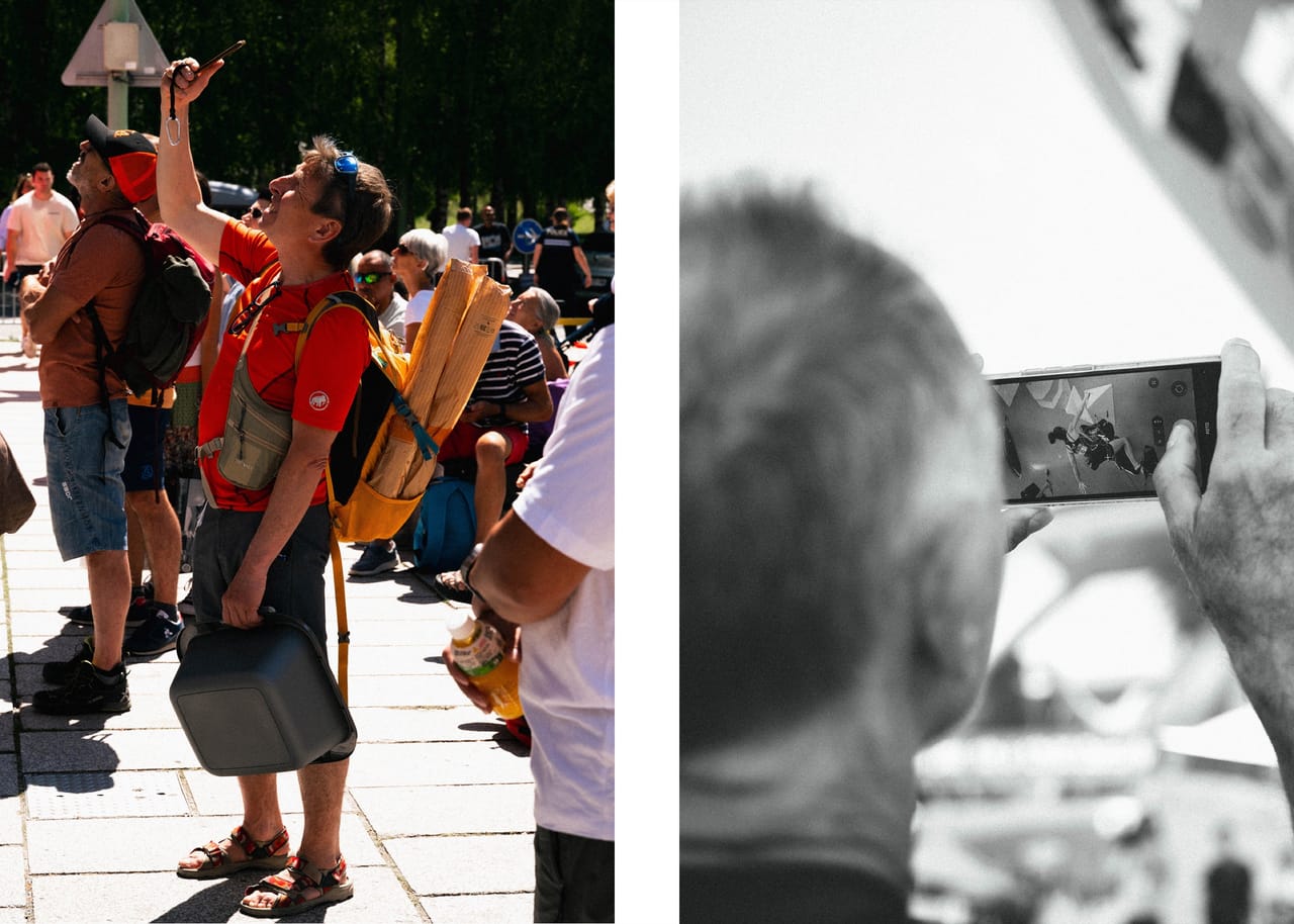 Supporters watching the competition and spectator filming — diptych